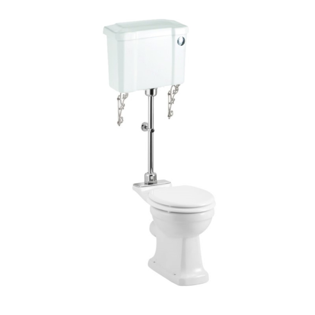 Product Cut out image of the Burlington Rimless Slimline Medium Level Toilet with Push Button